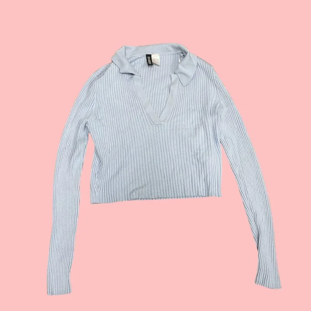 💙 H&M Divided Sky Blue Ribbed Knit Cropped Collar Sweater (Size M) - Picture 2 of 10